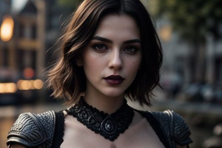 masterpiece, best quality, (colorful), cinematic lighting,  realistic,  besides the dark waters of a misty fjord, beautiful, wavy dark hair, plate armor, 
dynamic pose, extremely detailed, beautiful detailed face, medium breasts, braless, no bra, cleavage, nipslip, at dusk, slanted sunrays, pale skin, detailed skin, dark makeup, black mascara, black lipstick, EyeDetail, perfect detailed eyes, long eyelashes, black eyeliner, kawaii makeup , subsurface scattering, remarkable color, ultra realistic, textured skin, remarkable detailed pupils, realistic dull skin noise, visible skin detail, skin fuzz, dry skin, bokeh, sharp focus on subject,