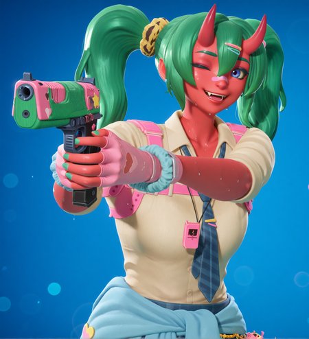 high quality, masterpiece, intricate details, absuredres, (wink, fangs, smile, :d, holding, handgun, aiming, upper body, depth of field, bokeh, blue background, solid background:1.5), fortnite_nemia, 1girl, solo, green hair, twintails, ponytail, long hair, bangs, hair between eyes, hair over one eye, ears, horns, oni horns, single horn, red skin, pink skin, blue eyes, parted lips, bandaid, bandaid on nose, bandaid on thighs, breasts, shirt, school uniform, necktie, plaid skirt, thighhighs, socks, loose socks, boots, jewelry, earrings, bracelet, charm, belt, gloves, fingerless gloves, knee pads, leg warmers, collarbone, solo, colored skin, hair ornament, hairclip, scrunchie, holster, striped necktie, clothes around waist, oni, plaid, charm (object), blue necktie, sweater around waist, animal print, heart, shoes, star (symbol), thigh holster, (female focus, female_focus, sweating, sweat:1.4),  <lora:Fortnite_Nemia_Demonically_Cute_Set_ILXL_E41_16_DIM:1>, <lora:dmd2_sdxl_4step_lora:1>