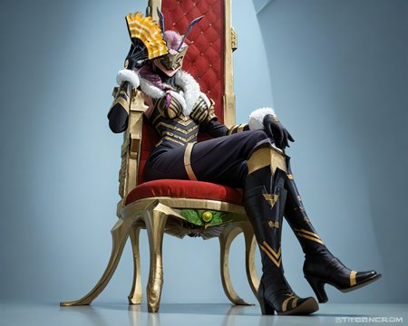score_9, score_8_up, score_7_up, score_6_up, score_5_up, score_4_up, rating_safe,photorealistic,cinematic,detailed,film grain,professional photography,1girl,solo,queenbeemoni,mask,antenna,purple hair,braided ponytail, hair ornament, sitting on throne,throne,indoors,legs crossed,holding fan,fanning self, <lora:QueenBeemonPony:0.97>, zPDXL2,