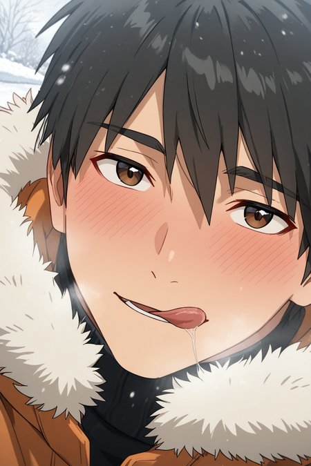realistic shading, natural lighting, male focus, seductively looking at viewer, expressive face, doujouts, brown_doujouts_eyes, black_doujouts_male hair, 1boy, parted lips, licking own lips, dilated pupils, breath, smiling, happy, blushing, shiny skin, huggingpov, afterkiss, saliva trail, saliva string, suggestive, winter clothes, cosplay, fur-trimmed jacket, snowing, snowflake, dutch angle, dynamic angle, intricately detailed illustration, depth of field, masterpiece, best quality, amazing quality, very aesthetic, absurdres, newest, anime screencap