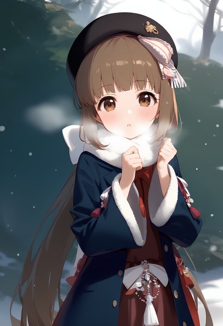 1girl,
yorita yoshino,


blush, outdoors, red bow, brown hair, snowing, solo, sleeves past wrists, wide sleeves, fringe trim, brown eyes, parted lips, upper body, scarf, breath, frilled bow, blue jacket, jacket, ponytail, black hat, looking at viewer, fur-trimmed jacket, bow, hat, very long hair, beret, hair bow, long sleeves, long hair, hands up, fur trim, white bow, high ponytail,

sfw
<lora:a31_char_new_yorita_yoshino-000016:1> <lora:a31_style_koni-000010:0.8>