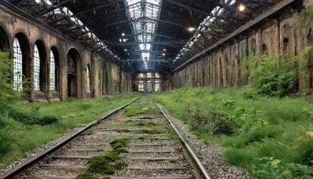 fflixdcenv, scenery, original, no humans, ruins, moss, railroad tracks, train station, plant, grass, photoshop (medium)
 <lora:fflixdcenv-000013:1>