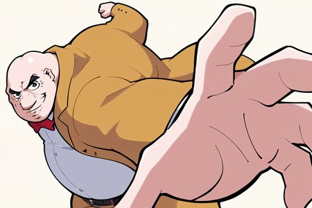 score_9, score_8_up, score_7_up, score_6_up, source_anime, BREAK male focus, solo <lora:p5kobayakawa-pdxl-nvwls-v1-000005:1> p5principal, fat man, obese, bald, yellow jacket, formal, white shirt, red bow tie, belt, yellow pants, smirk <lora:PepePunchMeme_XLPD:1> IncrsPunchMeme, incoming punch, simple background