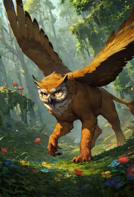 score_9, score_8_up, 8, score_7_up, score_6_up, solo,  owl head, beak, quadruped yellow bear, gryphon, wings, rushing in the lush green forest, dutch angle, flowers, colorful