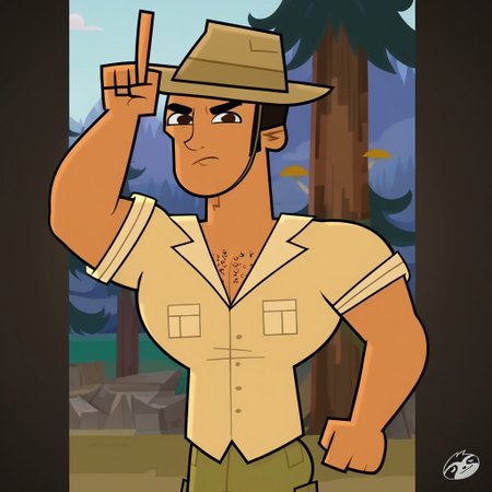 score_9, score_8_up, score_7_up, score_4, score_5, score_6, eyes cartoon style, perfect eyes,   dynamic view, dynamic pose, High Quality, perfect body, cartoon source, break
Diego Olivo, 1boy, solo, tanned skin, brown eyes, chest hair, muscular, Big chest, Big pecs, thick eyebrows,  hat, ochre shirt, olive green shorts, annoyed, sticking out middle finger, break, focus in face, Upper body, 
Forrest,  sunny, blue sky