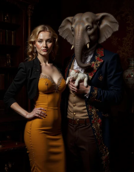 <lora:humanimality2:1>, This is a highly detailed, realistic photograph with a surrealistic twist. The setting appears to be an opulent, dimly lit room with dark, ornate walls adorned with rich, red and gold patterns. On the left, a young woman with fair skin and blonde hair styled in soft waves stands confidently. She wears a form-fitting, mustard-yellow dress with intricate lace detailing at the neckline and sleeves. Over this dress, she dons a black jacket with gold buttons and a subtle sheen, giving it a luxurious texture. Her expression is calm and composed, with her left hand resting on her hip.
To her right stands a man with a large, realistic elephant head superimposed onto his body. He wears a dark navy blue coat with red and gold embroidery, a white shirt with the top few buttons undone, and brown pants with a belt. In his right hand, he holds a small, white kitten with pink paws and ears. The kitten appears calm and content, looking up at the man with a curious expression.
Behind them, a wooden bookshelf filled with various books is visible, and a large, ornate vase is placed on a wooden table to the right. The overall ambiance is sophisticated and mysterious, blending classical and fantastical elements.