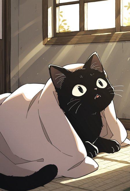 (masterpiece, best quality, high quality, highres), very awa, highres, absurdres,
chii-kun \(seedyoulater\), (naguru \(cyoroama\):0.8), 
(cat:1.2), black cat, (no humans:1.1), paws, fur, (cute:1.2), comfy, solo, 
scared, OO,
under the blanket, cozy room, window, day, sunlight, sun rays, beautiful background,
