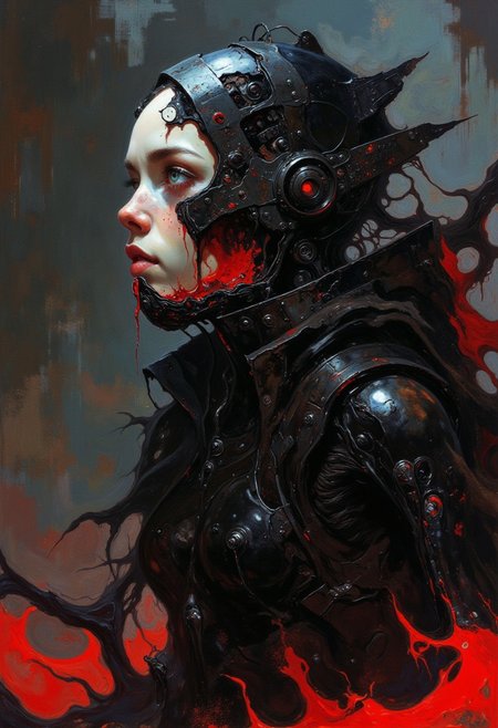 dreamcatcher,already level with God,diabolic,I am death and I am not alone,the digital second coming, learning algorithm,Happiness is an illusion, it's an analog confusion,A million words a second,mechanical implants,metal plates,brutal,cyberpunk,scifi,horror theme,dread,terror,disturbing,thrlling,insanity,tension and fear building with every step ,mesmerizing.primal fear,deep contrasting shadows, eerie and foreboding atmosphere,industrial,death metal,     
best quality, masterpiece, detailed, UHD, photography cinematic,lots of fine detail,award-winning,vibrant,artstation,(dramatic lighting),Picture-perfect image, more powerful every minute,female focus,gloss,fog,light particles,cyber gothic,renaissance,expressive,glow,gigerpunk,deep darks
