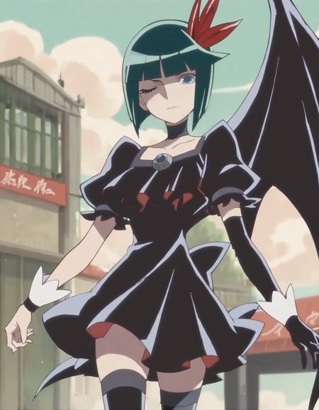 score_9, score_8_up, score_7_up, 1girl, solo, anime screencap, thighhighs, wings,single wing, blue eyes, green hair, short hair, gloves, bob cut, elbow gloves,  black choker, dress, one eye closed, hair ornament, zettai ryouiki, bow, wrist cuffs <lora:darkprecure:0.8>
