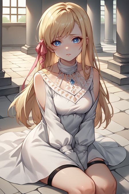 score_9, score_8_up, score_7_up, score_6_up, source_anime, BREAK 1girl  <lora:ryne-pdxl-nvwls-v1:1> ryne, blonde hair, blue eyes, hair ribbon, white dress, looking at you, sitting, marble floor, temple, sad