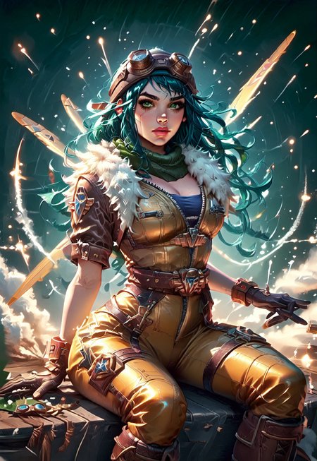 ((zPDXL3)), ((masterpiece,best quality, highly detailed)), ((score_9)), score_8_up, score_7_up, score_6_up, score_5_up, score_4_up, Digital painting style, brushstrokes, ((EnhanceImage)), solo, 1girl, IreliaARLoLXL, pink lips, green eyes, aqua hair, long hair, bangs, goggles on head, large breasts, green scarf, cleavage, brown jacket, fur trim, short sleeves, yellow bodysuit, blue bodysuit, black gloves, belt, brown boots, ((IreliaARLoLXL sitting on Ww2plane)), Fighter, Ww2plane, 
Expressiveh, 30yo, adult lustful confident woman, petite, slender body, perky saggy natural breasts, full lips, bangs, sidelocks, straps,
chinese magical sorceress, animated, swirling magic, wisps of magic, tight squeezed outfit, magical accessories, evoking motion, conveying motion, dynamic splash art, 
<lora:PainterlyFantasiaPDXL:0.6>,