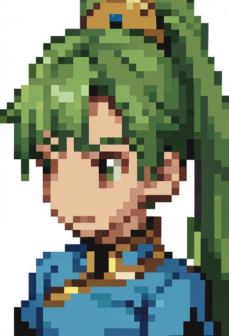 score_9, score_8_up, score_7_up, source_anime, BREAK, solo, 1girl,  <lora:FF-Tactics-Portraits-pdxl_Fp:1>, simple background, portrait, pixel art, white background,  <lora:lyn-pdxl-nvwls-v1:0.9>, defLyn, green hair, high ponytail, blue dress, short sleeves,