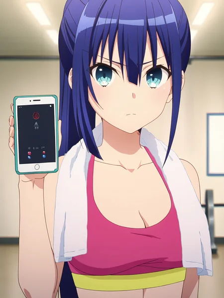 <lora:Ayano_Yugiri_Character:0.8>ayano_yugiri, 1girl, solo, blue eyes, blue hair, very long hair, ponytail, pink sports bra, towel around neck, serious, frowning, angry, close mouth, holding smartphone, one hand up, upper body, front view, looking at viewer, gym interior, training equipment, neutral wall, soft lighting, neutral tone