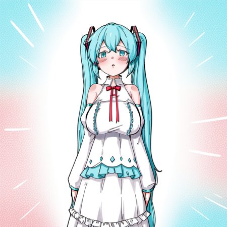 1girl, hatsune miku, huge breast, :o, aqua eyes, aqua hair, arm support, bare shoulders, blush, breasts, colorful festival (project sekai), cowboy shot, crown, detached sleeves, dot nose, dress, frilled skirt, frills, hair ribbon, layered skirt, long hair, long sleeves, looking at viewer, parted lips, puffy sleeves, red ribbon, ribbon, skirt, solo, striped, striped ribbon, twintails, white dress, white ribbon,