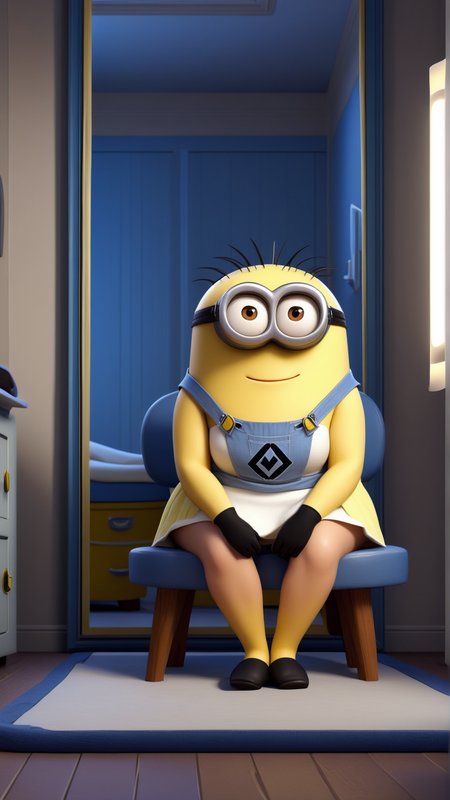 fantasy, archaeology  theme, <lora:MinionStyleXL:1> MinionStyle a young woman sitting in her dressing room, appreciating her form after removing her makeup and clothes as a minion, 3D, pixar, CG