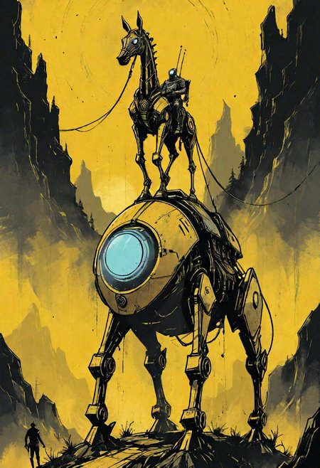 a tall vintage robot riding a futuristic horse-pod in an alien landscape, western, hyper detailed, sci fi, minimalist_sci-fi_dystopia