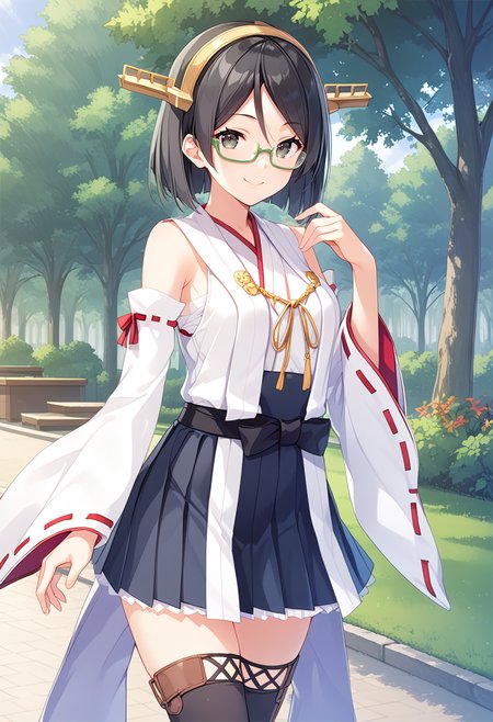 solo, standing, cowboy shot, park, 
  <lora:KC_05BB_kirishima_pony:1> kirishimakc, black_hair, short hair, glasses, green-framed eyewear, black eyes,       kirishimadefkc, nontraditional_miko, detached sleeves, wide sleeves, ribbon-trimmed sleeves, black skirt, miniskirt, black thighhighs, headgear, golden headgear,, score_9,score_8_up, score_7_up, source_anime, masterpiece, best quality,  official art, official style, game cg, megami magazine, rating_safe, rating_questionable, <lora:Fixhands_anime_bdsqlsz_V1:0.75>, NEGATIVE_HANDS