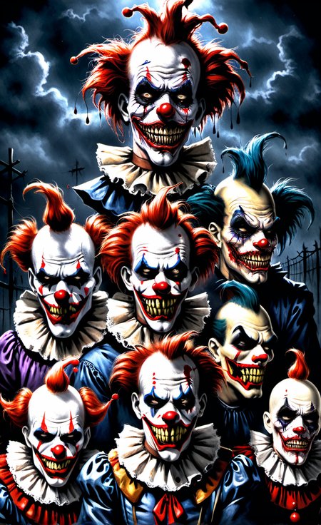 Horror-themed insane klown posse,<lora:xl_more_art-full_v1:0.7>, . Eerie, unsettling, dark, spooky, suspenseful, grim, highly detailed