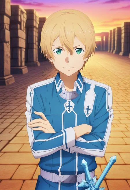 masterpiece, best quality, , anime screencap, anime coloring, official style, looking at viewer, 1boy, solo, male focus, <lora:eugeo_sao_ilxl:0.98>, eugeo_sao, blonde hair, green eyes, bangs, hair between eyes, short hair, holding sword, rule of thirds, stone road, dusk, crossed arms, seductive smile,