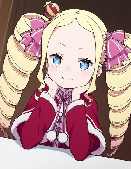 score_9, score_8_up, score_7_up, source_anime, <lora:rezero-beatrice-s3-leak-ponyxl-lora-nochekaiser:1>, beatrice, long hair, blue eyes, blonde hair, twintails, hair ribbon, sidelocks, symbol-shaped pupils, drill hair, twin drills,, dress, ribbon, fur trim, capelet, crown, mini crown, red capelet, frills, bowtie,, indoors, smile, looking at viewer, solo, sitting, head rest, table,, cowboy shot, dutch angle