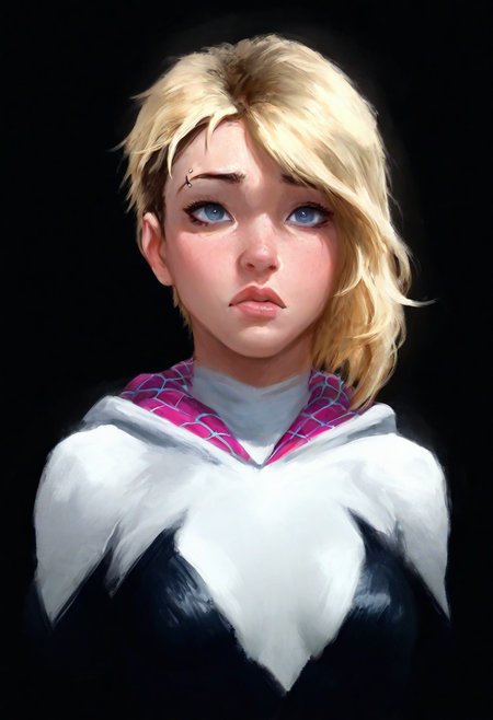 manzaneedostyle, masterpiece, dark_fantasy, hyper_realistic,   best quality, gwen stacy, detailed blue eyes, blonde, face shot, eyebrow raised, confused, bust, small breasts, 