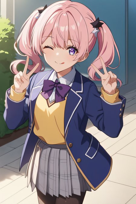 score_9, score_8_up, score_7_up, source_anime, rating_safe, intricate details, anime screencap, official style, 1girl, <lora:Suzuki_Momo:1>, suzukimomo, pink hair, purple eyes, twintails, white star, black star, mole under eye, white shirt, purple bowtie, collared shirt, yellow vest, blue blazer, long sleeves, sleeves past wrist, grey skirt, pleated skirt, plaid skirt, black pantyhose, looking at viewer, smile, indoor, cowboy shot, one eye closed, closde mouth, tongue out, peace sign