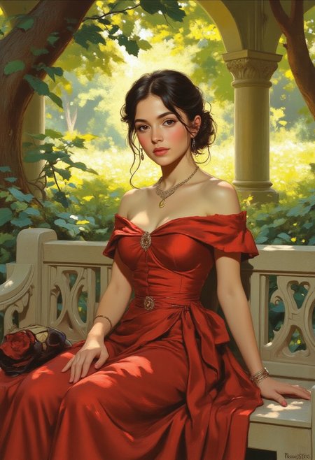 photorealistic, beautiful woman, red off-shoulder gown, sitting on stone bench, lush green foliage, stone pillars in background, sunlight filtering through trees, serene expression, fair skin, brunette hair in loose updo, elegant and graceful, soft light, romantic and tranquil atmosphere, detailed textures, high quality, realistic lighting, fantasy setting, digital art, cinematic style, fantasy painting.
Lghtn, c0mix2 perfection style aidmamj6.1