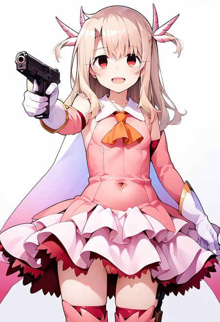 1girl, solo focus, score_9, score_8_up, score_7_up, source_anime, rating_lewd, masterpiece, aaillya, long hair, blonde hair, two side up, hair ornament, red eyes, bare shoulders, magical girl, cape, orange ascot, pink shirt, sleeveless, detached sleeves, white gloves, white skirt, pink thighhighs, holding gun, handgun, aiming, aiming at viewer, empty smile, open mouth, empty eyes, torn clothes, cleavage, navel, cameltoe,