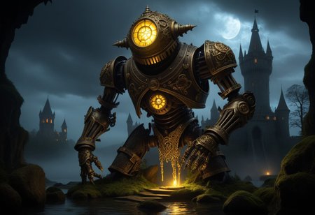 giant bipedal robot brass and dark yellow paint, bronze paisley robot. lacy robot metal. crawdad helmet head. outside of a steampunk keep. large detailed torso. dark image. one forty foot tall ancient robot with great arms and two heavy spring legs. dark foggy night background. $dark foggy night image only. dark photo realistic image. steampunk details. cogs, chains and pipes incorporated in the fantasy buildings. magic wizards tower in background. Dark swamp, moss, castle ruins, wizards tower. stormy dark night.  stormy sky. spooky trees