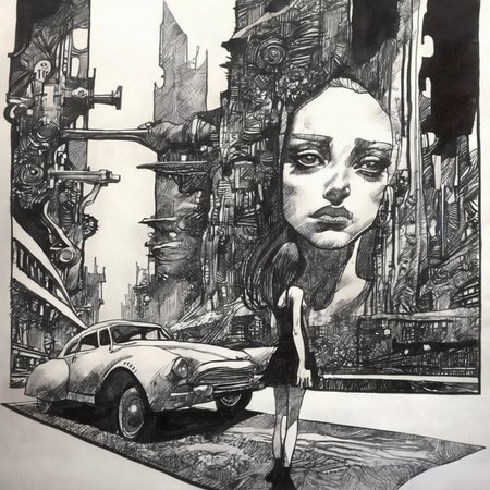 drawix20 girl and old car in futuristic city, very detailed, black ink <lora:drawix20:1>