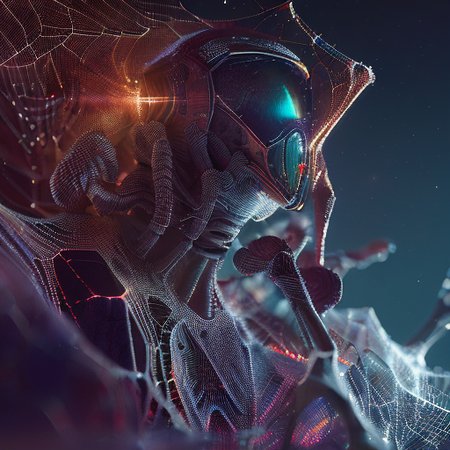 an astronaut wearing exoskeleton made of Cobwebber, standing on the surface of alien planet, 
intricate details, modelshoot style, dreamlikeart, dramatic lighting. 8k, trending artstation,