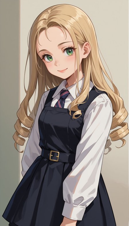 score_9, score_8_up, score_7_up, source_anime, upper body, close portrait, 
 <lora:GUPMarie:1>   CCMarie, 1girl, drill hair, long hair, blonde hair, bc freedom school uniform, long sleeves, necktie, wing collar, white shirt, black skirt, black vest, dress shirt, smile, kneehighs, miniskirt, pinafore dress, sleeveless dress, black dress, pleated skirt