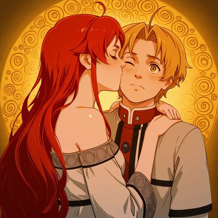 gustav klimt, klimt, masterpiece,best quality,perfect detailed,perfect light,perfect composition, gustav klimt, kissing_cheek, mushoku, 1girl, eris, red hair, 1boy, rudeus_greyrat, blonde hair, cosed_eyes, couple