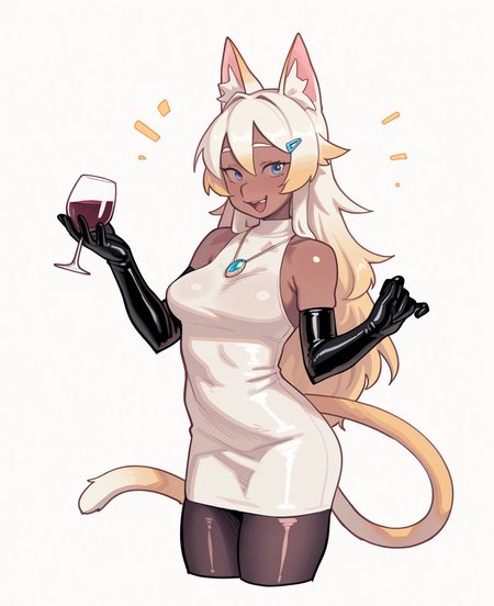 <lora:piku184:1> piku184,
(masterpiece), (best quality), (ultra-detailed), amazing quality, very aesthetic, illustration, perfect composition, intricate details, absurdres, incredibly absurdres, shiny skin, realistic,
 piku, 1girl, solo, gloves, tail, animal ears, blue eyes, cup, long hair, elbow gloves, drinking glass, multicolored hair, black gloves, white background, , simple background, gradient hair, jewelry, looking at viewer, breasts, smile, cat tail, cat ears, wine glass, necklace, open mouth, blonde hair,  cup, dark skin, dress, skinned female, bare shoulders, wine, sleeveless, white dress, alcohol, pantyhose, cropped legs, medium breasts, hair ornament, hairclip, d, cowboy shot, sensitive