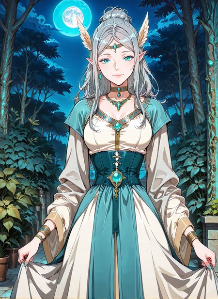 <lora:Merial_Eralith__The_Beginning_After_the_End__Illustrious:1>
1 girl, solo, elf, pointy ears, aqua eyes long hair, grey hair, ponytail, braid, single hair bun, 
dress, long sleeves, wide sleeves, hair ornament, circlet, jewelry, earrings, necklace, choker, head wings,
score_9, score_8_up, score_7_up, source anime, BREAK, cowboy shot, Masterpiece,(perfect female body:1.2), small waist, (incredibly detailed:1.4), slim, beautiful fingers, beautiful skin, looking at viewer, breasts, skirt hold, long sleeves, smile, garden backgroun, exterior, background, looking at viewer, night, blue moon, <lora:iLLMythG0thicL1nes:1>