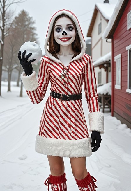score_9, score_8_up, score_7_up, score_6_up, score_5_up, score_4_up, 1boy, jack_tnbc, hud_xmas1, striped dress, fur trim, long sleeves, leg warmers, belt, hood, christmas, cowboy shot, light smile, snow, holding snowball