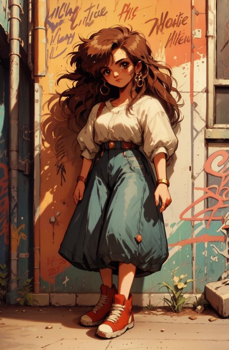 score_9, score_8_up, score_7_up, score_6_up, sidewalk, graffiti wall,
cute woman, long, sleek dark brown hair styled with several delicate gold rings woven through small, twisted sections near the face, middle part for a balanced look, subtle waves adding volume and movement, the rings catching the light for a hint of elegance and creativity, blending simplicity with a touch of bohemian charm
 <lora:mix-j-XL_v08_937272:1.9>  <lora:invincible_v2:0.4> invncbl <lora:Kenva:1> knva, halftone effect, retro artstyle