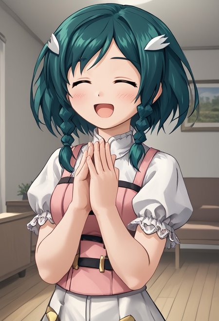 score_4,score_5,score_6,score_7_up,score_8_up,score_9
((masterpiece,best quality,ultra detailed,highres,HD,4k:1.2)),
1 cute girl,
upper body,1girl, solo, medium hair, dark green hair, braids, two braids, yellow eyes,  pink top, ribbon on clothes,white pants skirt, pantyhose, black footwear, boots, white shirt, short sleeves, puffy sleeves, hair ornament,
room, living room, open mouth,closed eyes, blush, happy, smile, put your hands together,