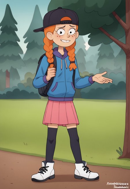 triplevexx, AmphiMaggie, orange hair, braid, twin braids, freckles, 1girl, solo, smile, baseball cap, backwards hat, long sleeves, pink skirt, pleated skirt, blue hoodie, hood down, backpack, black thighhighs, white footwear,