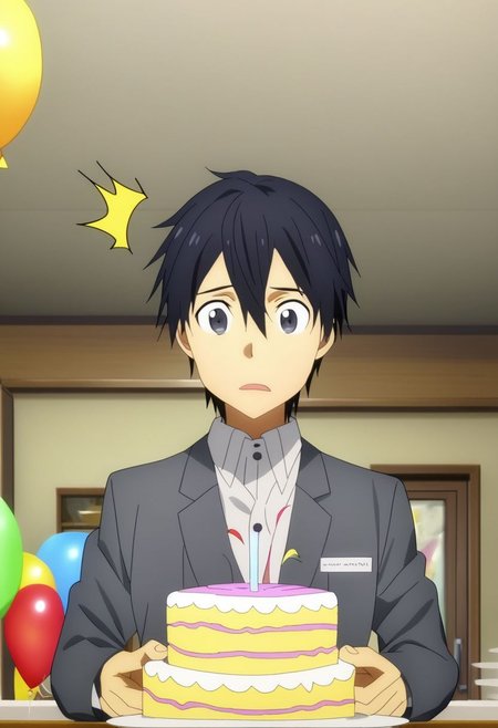 high resolution, professional photography, solo, best quality, 1Boy, Kazuto Kirigaya, Black Hair, Black Eyes, surprise, birthday surprise, funny, birthday cake, birthday party, OverallDetail