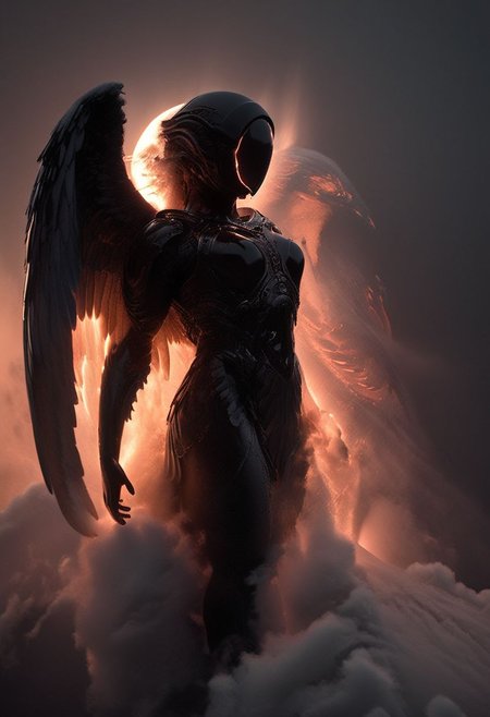 Dark luminous translucent Wings, Above the Clouds Loosing feathers, floating feathers, subsurface scattering, Capture the dystopian spectacle of female Icarus ascending too close to the sun, seen from below. Witness her wings, illuminated by the piercing light of a Blood moon, shedding feathers as they struggle against the inevitable descent. 
subsurface scattering, Angel Icarus LiS_Robot By tim burton with Large vanta black spreaded  Wings, large hooded Cape, liminal space cloud, Neon translucent Soundwaves visible on the face,
atmospheric haze, Film grain, cinematic film still, shallow depth of field, highly detailed, high budget, cinemascope, moody, epic, OverallDetail, 2000s vintage RAW photo, photorealistic, candid camera, color graded cinematic, atmospheric lighting, imperfections, natural, shallow dof