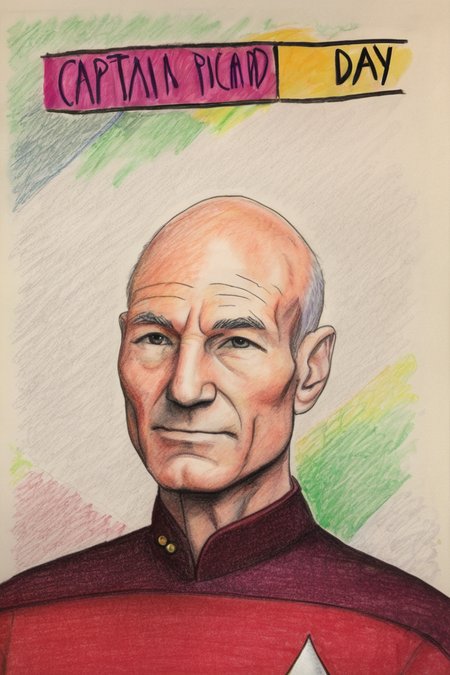 Portrait of picard in red uniform, a colorful sign that says "CAPTAIN PICARD DAY"<lora:crayons_v1_sdxl:1> <lora:StarTrekTNG-v7:1>