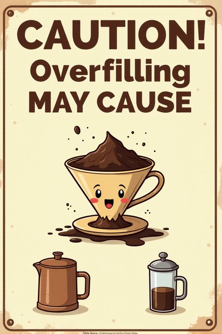 "Visualize a vintage safety sign featuring a cartoon coffee filter overflowing with coffee grounds, resembling a tiny volcano erupting. A surprised cartoon face is peeking out from behind a nearby sugar dispenser. The sign reads in bold, slightly shaky brown lettering on a cream background: 'CAUTION! Overfilling May Cause Overflow!' Below, a simple illustration shows the correct level of coffee grounds in a filter. The cartoon style should be slightly whimsical and cautionary, like an illustration from an old pamphlet. Include small details like drips of coffee around the overflowing filter. 8k resolution, vintage whimsical cartoon style, warning against a common mistake in coffee brewing that could lead to spills."  <lora:REMEs_War_Poster_Style:0.95> In REME's War Poster Style,âââ
