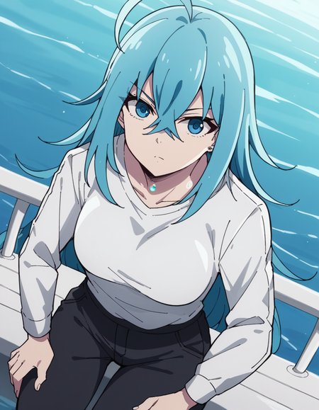 score_9, score_8_up, score_7_up, source_anime, <lora:vivy-s1-ponyxl-lora-nochekaiser:1>, vivy, blue hair, blue eyes, crossed bangs, ahoge, hair between eyes, medium breasts,, shirt, long sleeves, jewelry, jacket, white shirt, pants, black pants,, jetty, water, boats, dock, narrow, , hands on own knees, looking at viewer, solo,, dutch angle, cowboy shot