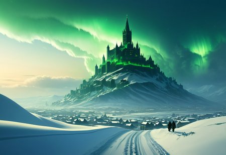 Best quality, masterpiece. Mysterios ancient cyty among the endless snowy plains, where the spiers of high towers pierce the snow and the gloomy snowy sky. Blizzard and snow whirlwinds, through which the cold green lights of the city break through, fascinating and frightening at the same time deep and wide valley at sunrise, style by Lovecraft, meticulous, intricate, entangled, intricately detailed