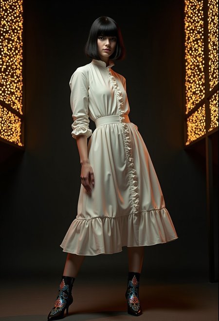 glamour photography of A hyper-realistic full-body photo of a turkish woman with a sleek black bowl-cut hairstyle, her razor-sharp bangs perfectly concealing her eyes, casting a mysterious shadow across her porcelain-like skin. Her pale, glossy complexion gleams with an oily finish, giving her an ethereal, avant-garde presence. She dons a Ballets Ruffled Dress in crisp, immaculate white, crafted from a luxurious blend of cotton and polyester. The dress features full sleeves, a stand collar, a single-breasted closure, and cascading ruffles that add delicate charm to its casual yet surreal design. Her feet are adorned with black leather high-heel shoes embellished with surreal iridescent floral patterns, shimmering like jewels under soft, focused lighting. She strikes a dynamic, avant-garde pose, her body tilted slightly with one arm extended gracefully while the other rests near her waist, exuding elegance and controlled intensity. The background is a deep, pitch-black void illuminated by glowing, sparkling golden grills that form intricate geometric patterns, creating a dramatic, high-fashion atmosphere. The photo captures every fine detail, with fluid lines and soft shading bringing out stunning clarity and depth, inspired by Alexander McQueen's visionary designs.