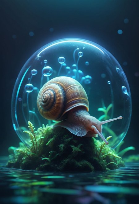 cute cuddly fluffy snail, (underwater:1.2), 
fluorescent plants, (air bubbles:1.1),
translucent, cyborg,
futuristic, biodome,
neon light, cyberpunk, crepuscular rays,