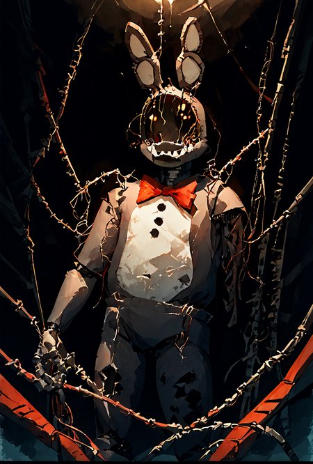score_9, score_8_up, score_7_up , <lora:withbon-10:1> withbon, ((missing arm, amputated arm, wires ))no humans, bow, rabbit ears,, robot, Ultra realistic, high detail, highres,  zPDXL3 , black walls, black background, dutch_angle, tilted angle, tilted view, angle    <lora:PastelMix:1> PastelMix <lora:Organic_Sauce:1> ((watercolor)), solo