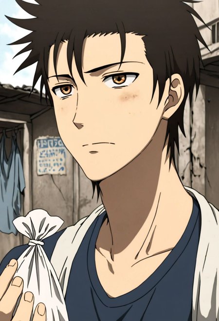 solo, 1boy, detailed_eye_model, easynegative, Soujirou Agata, Brown Eyes, Black Hair, slums, shabby, dirty, dull, tired, weak, droopy eyes, anxious, damaged goods, plastic bags