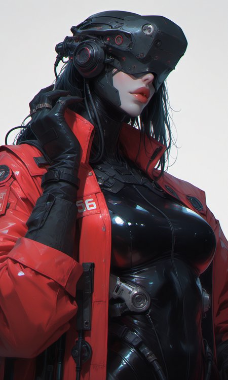 masterpiece, best quality, absurdres, highres, 1girl, solo, simple background, gloves, jewelry, large breasts, upper body, long hair, black hair, black gloves, shiny, hand up, white background, lips, coat, fingernails, bodysuit, makeup, cable, ring, helmet, lipstick, pale skin, skin tight, shiny clothes, black bodysuit, (very big lips:1.125), covered eyes, latex, red coat, cyberpunk,
<lora:fashiongirl-v1-ILXL:0.13> <lora:GigKPyg0GDo:0.5> <lora:MoriiMee_Gothic_Niji_Style_Illustrious_r1:0.13> <lora:niji_Semi-Realistic_Style:0.25> <lora:NijijourneyNoob_byKonan:0.25> <lora:NOOB_EPSv1_1_detailer_by_vlnvk_v1_0:0.25> <lora:Sinozick_style:0.25>